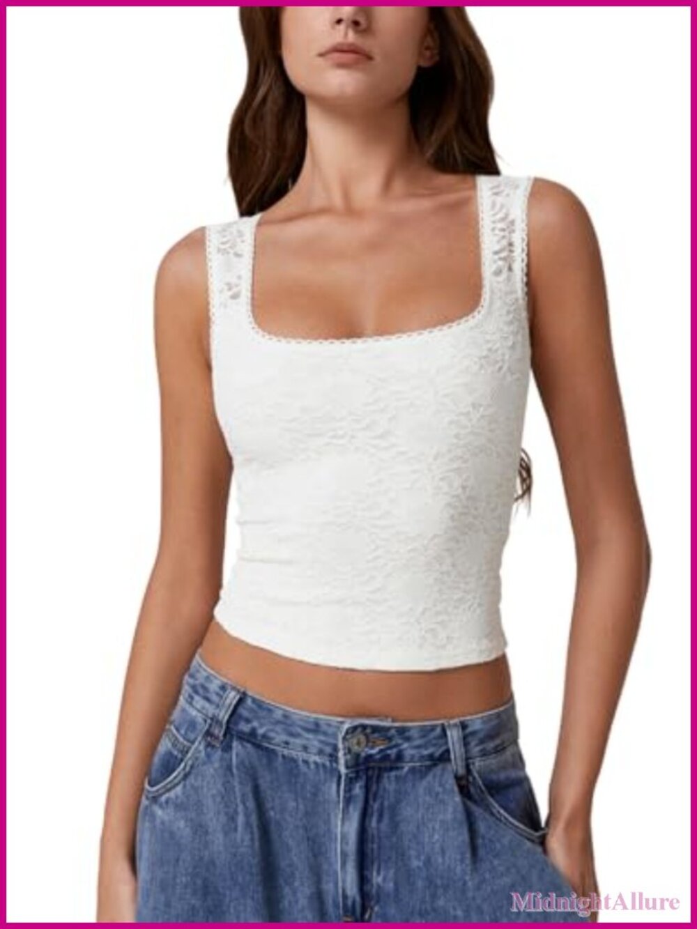Women's Lace Trim Square Neck Sleeveless Double-Layer Tank Top
